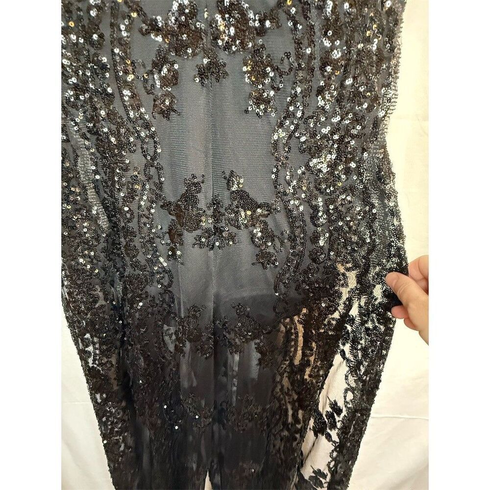 Womens Fashion Nova Formal Jumpsuit 1X Black Sequin Lace Overlay Maxi V-Neck - Picture 6 of 16